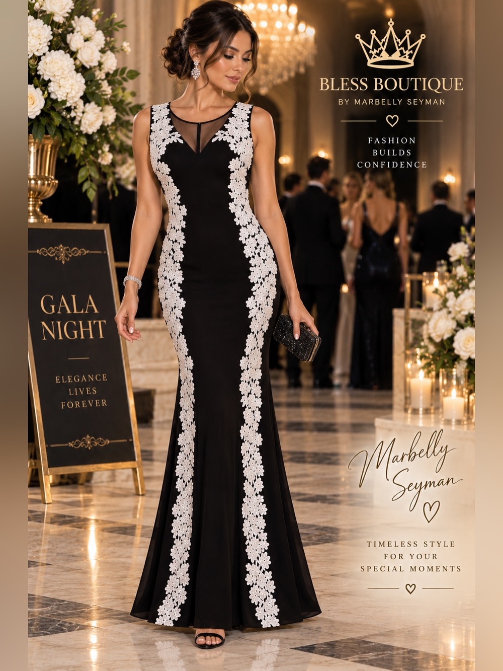 Betsy & Adam Lace Appliqué Illusion Mesh Black White Gown Size 2